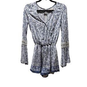 Hollister Blue White Long bell sleeves  Elastic Waist Summer Beach Romper Small